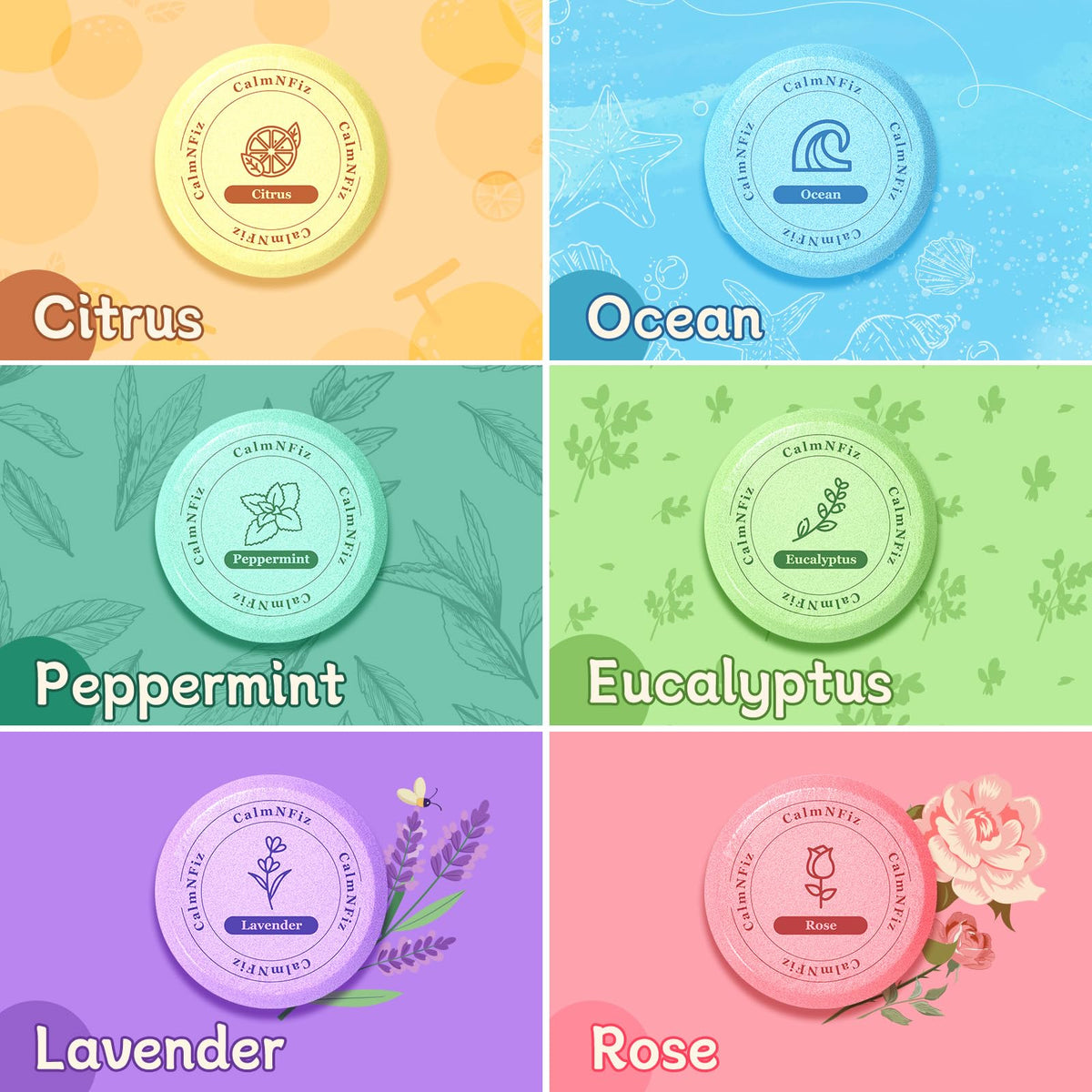 Six individual essential oil shower tablets unpacked showing different color variants