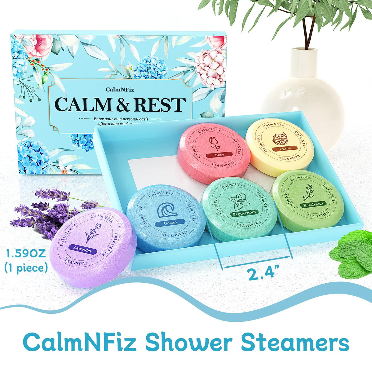 Aromatherapy tablet activated on a shower floor releasing therapeutic steam vapors