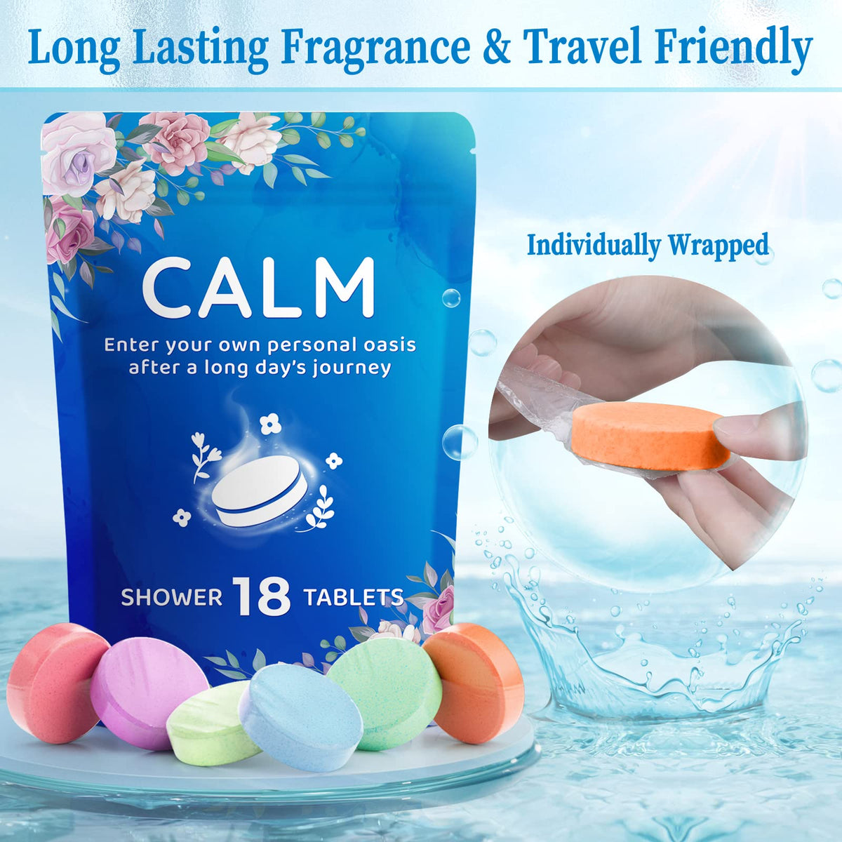 Eighteen individually wrapped shower tablets in six essential oil scents