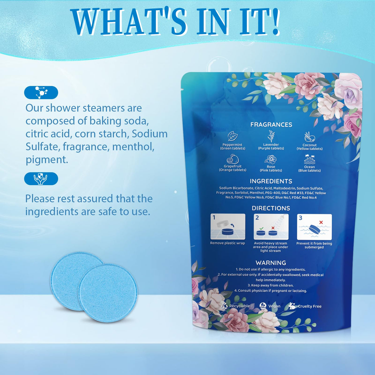 Close up of individual fizzing shower steamer tablet packaging