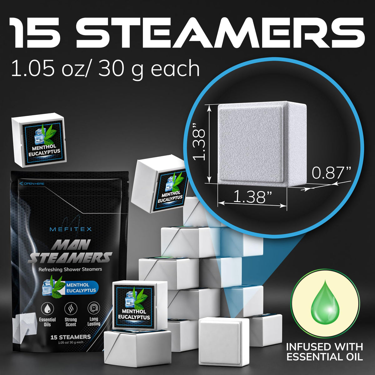 Slow dissolving sinus clearing vapor tablet sitting under indirect water stream in a modern shower.