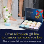Individually wrapped bath shower bombs with lavender and eucalyptus essential oils shown outside the packaging.