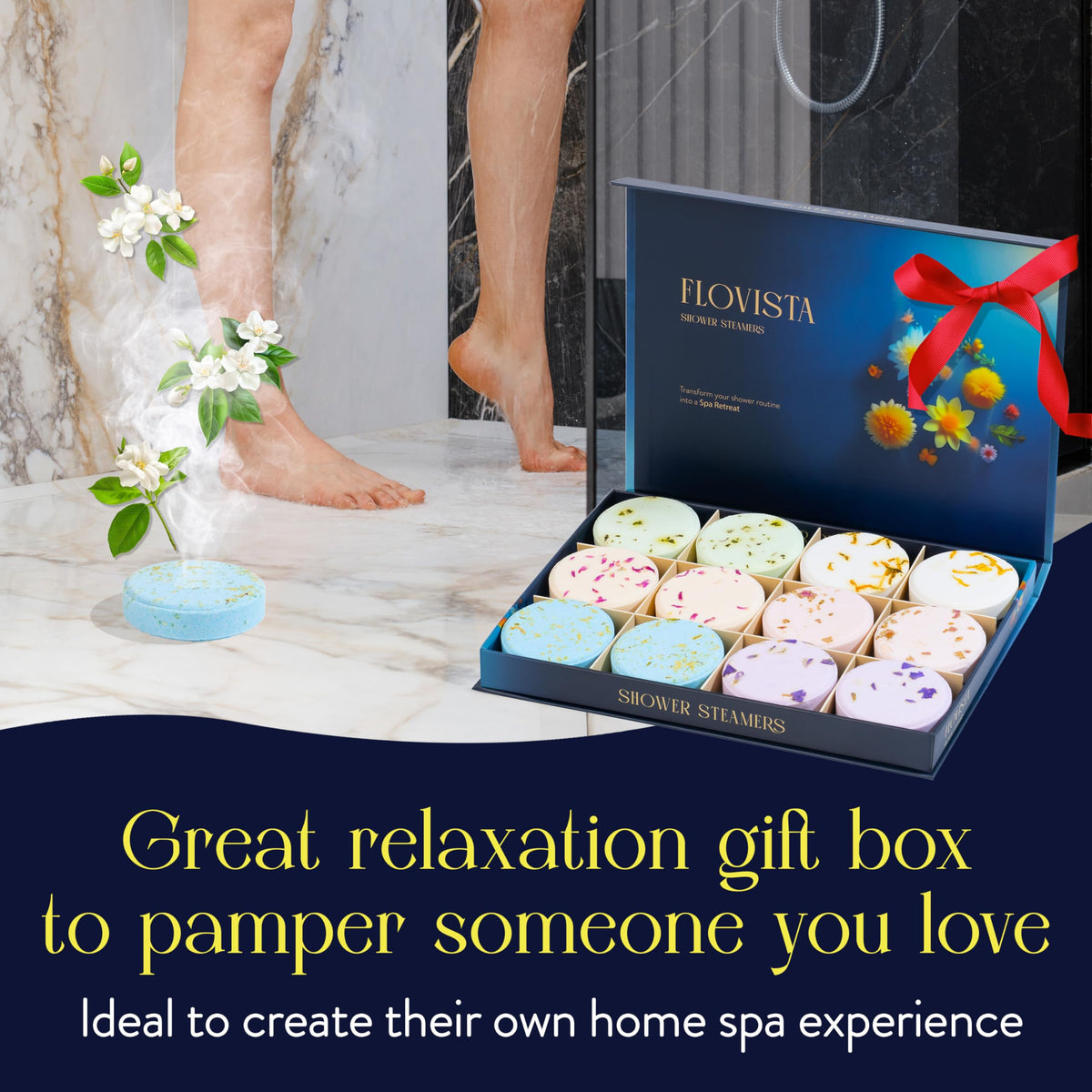 Individually wrapped bath shower bombs with lavender and eucalyptus essential oils shown outside the packaging.
