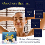 Close-up of the twelve-pack shower steamers package showing stress relief and wellness product details.