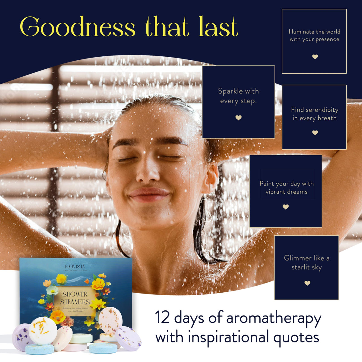 Close-up of the twelve-pack shower steamers package showing stress relief and wellness product details.