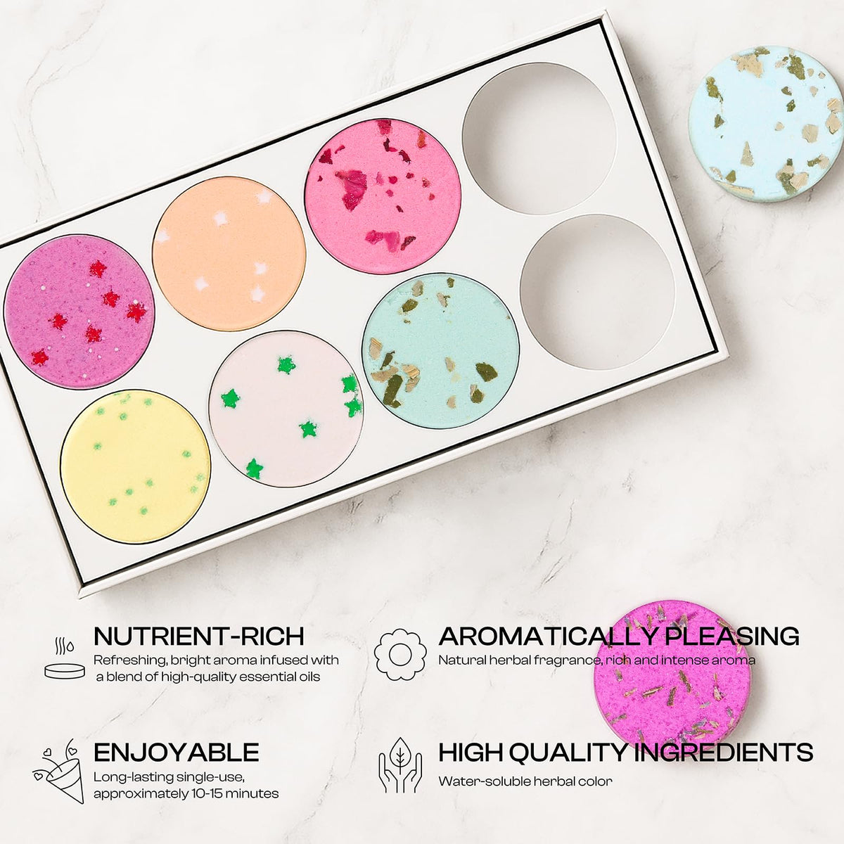 BoboSweeTree home spa gift box presentation featuring six natural essential oil shower bombs.