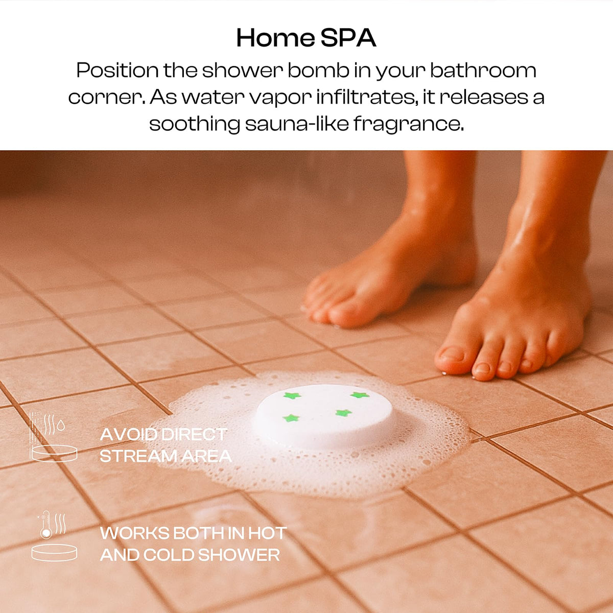 Rose aromatherapy shower steamer placed on bathroom tiles getting activated by water steam.
