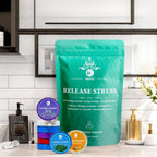 Stress relief self care product collection displaying various organic essential oil varieties.