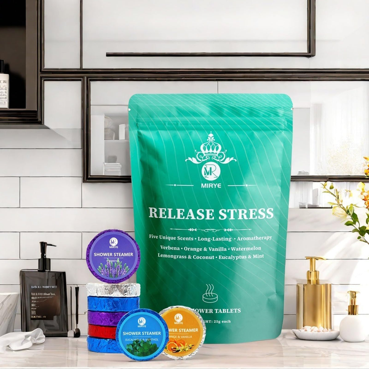 Stress relief self care product collection displaying various organic essential oil varieties.