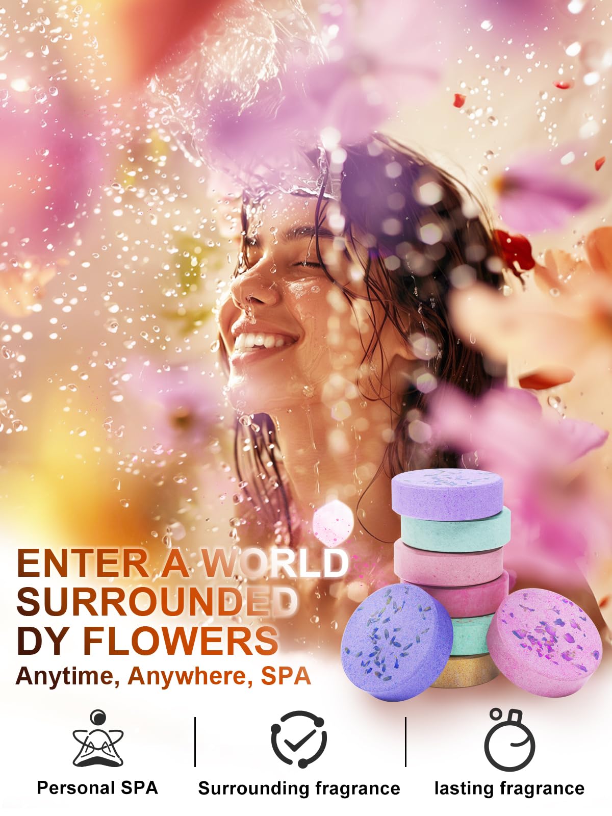 Psnli self care shower bombs assortment showing eight different colorful tablets with fruit and floral accents