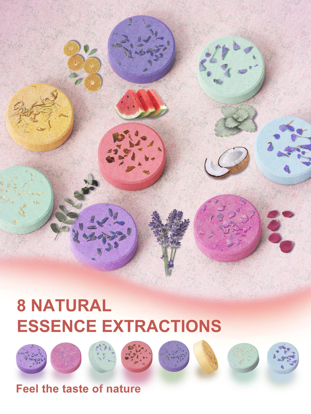 Close up of lavender and rose essential oil shower steamers for natural stress relief