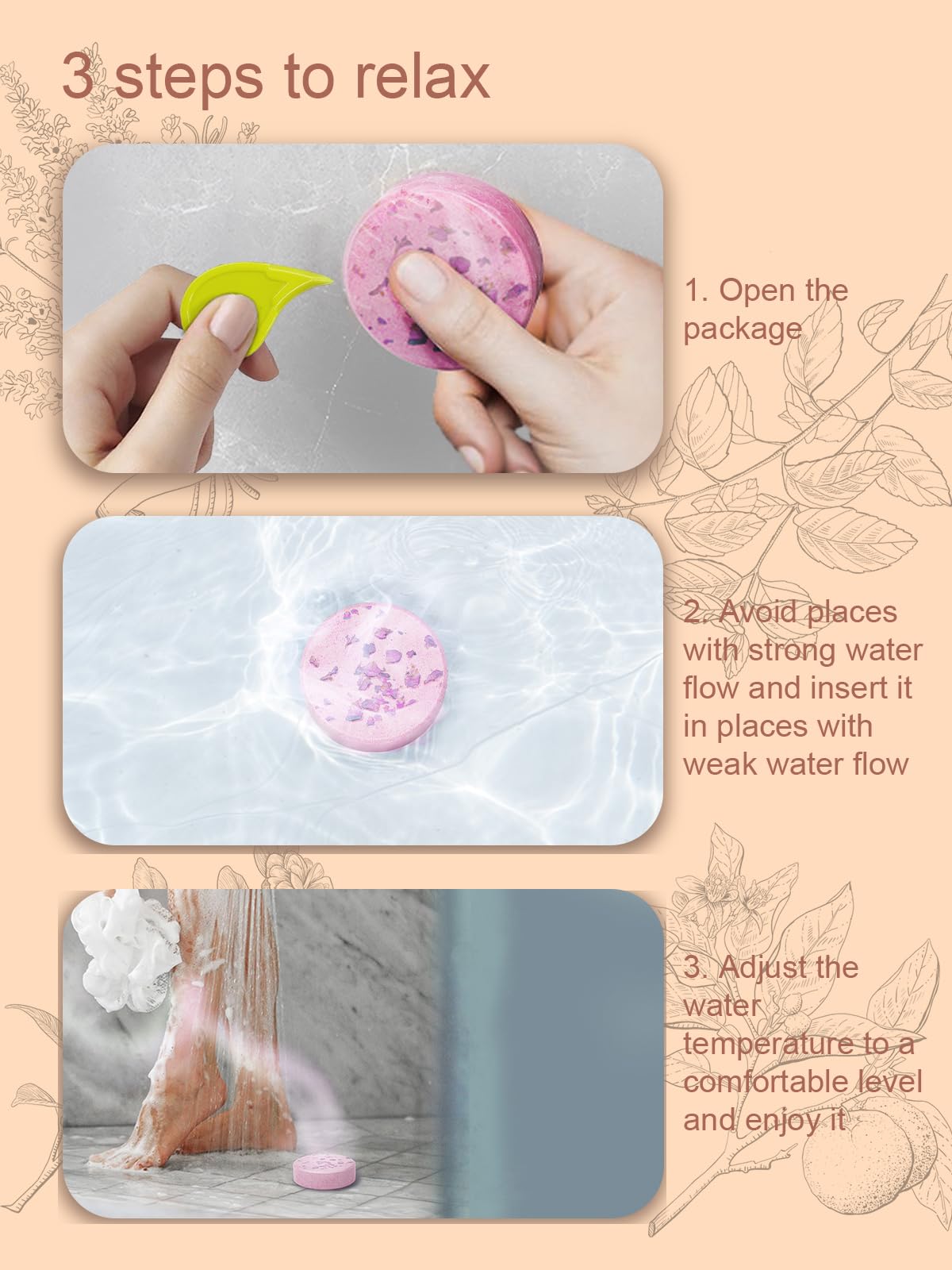 Back label of Psnli shower steamers box showing instructions and safety information