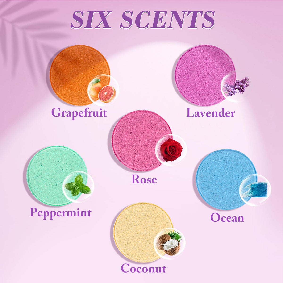 CalmNFiz home spa shower bombs gift set displayed with its natural essential oil ingredients.