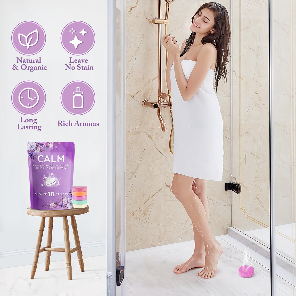 Close up view of the textured CalmNFiz luxury shower discs dissolving cleanly without residue.