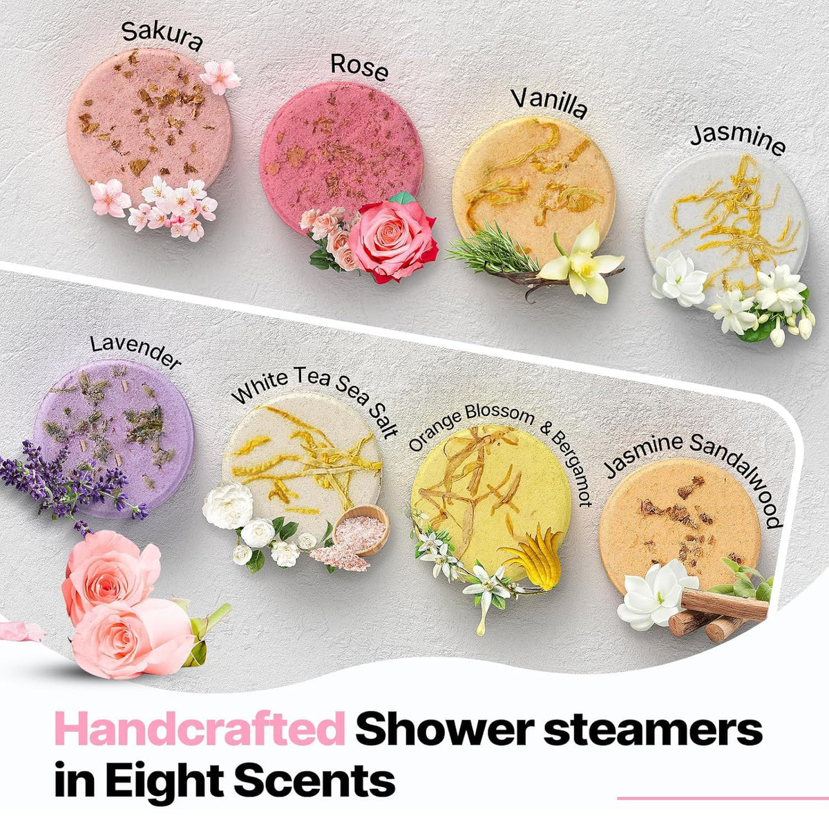 SWCANDY natural essential oils shower tablets being activated by warm water steam on floor