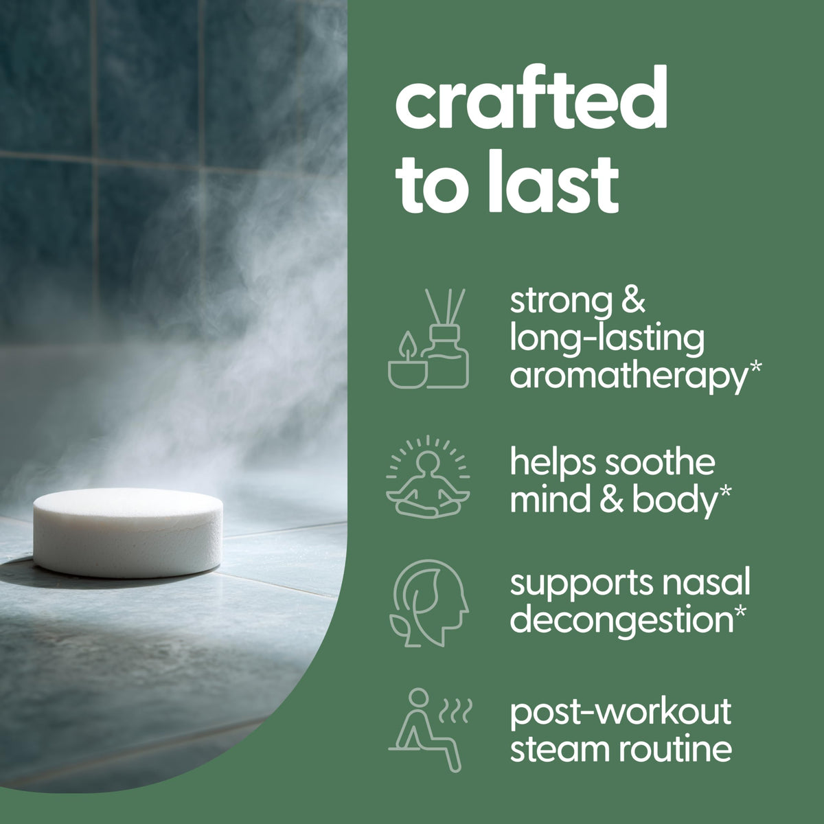 A continuous stream of warm water activating a wellness shower tablet on the floor to release aromatic vapors.