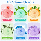 Individually wrapped essential oil shower tablets highlighting rose and lavender scents