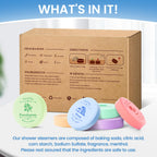 Eucalyptus and peppermint shower steamers placed on a bathroom shelf near water steam