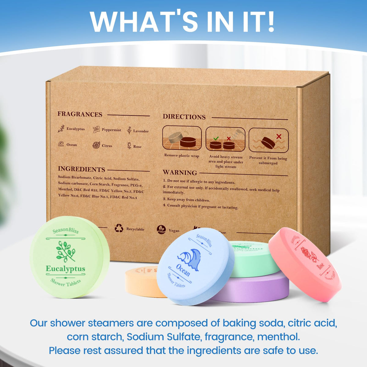 Eucalyptus and peppermint shower steamers placed on a bathroom shelf near water steam