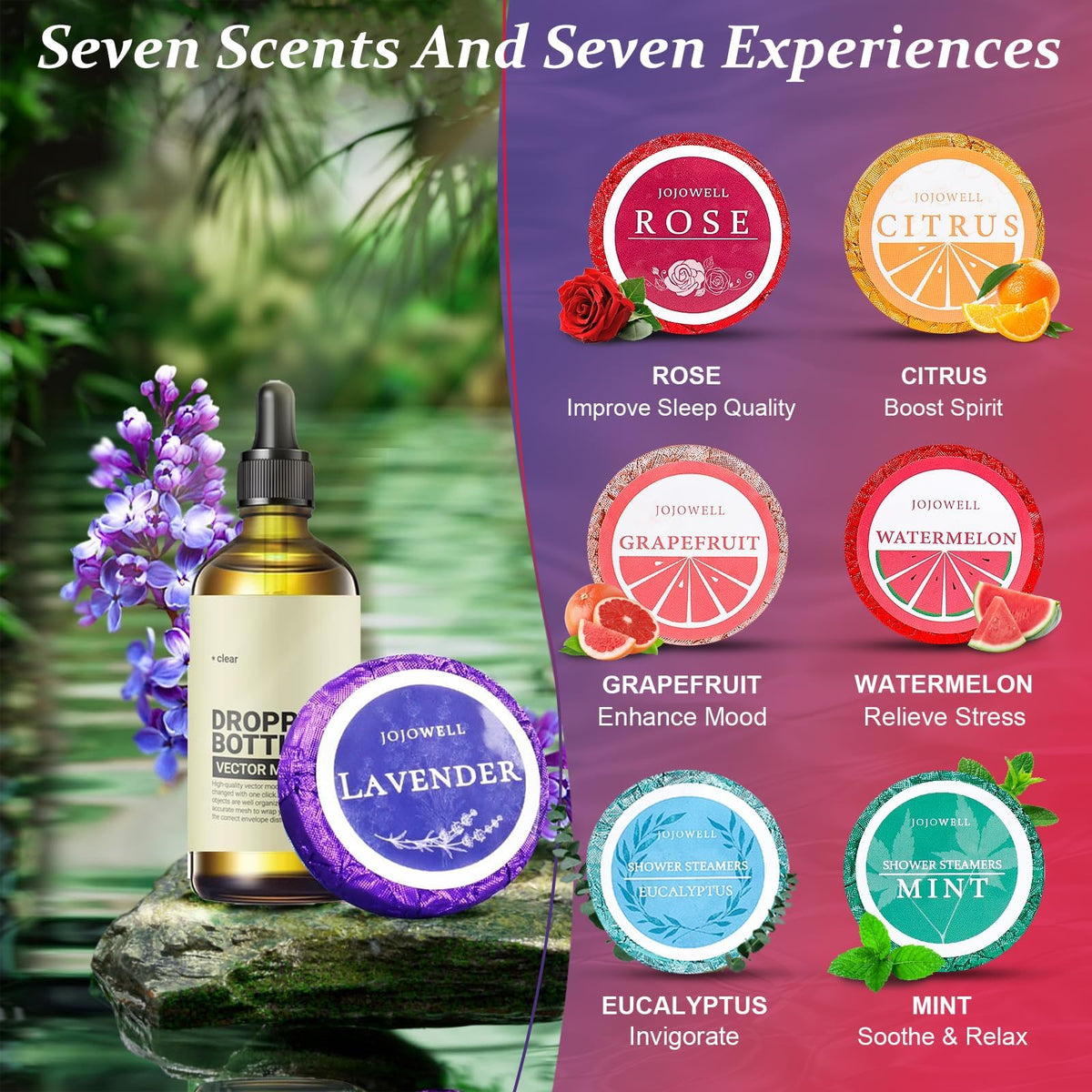 Natural essential oil infused shower tablets with included mesh bags and suction cups