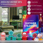 Aromatherapy shower steamer tablet dissolving on bathroom floor releasing therapeutic vapors