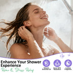 Close up view of the lavender and eucalyptus mint therapeutic shower tablets revealing natural botanical ingredients.