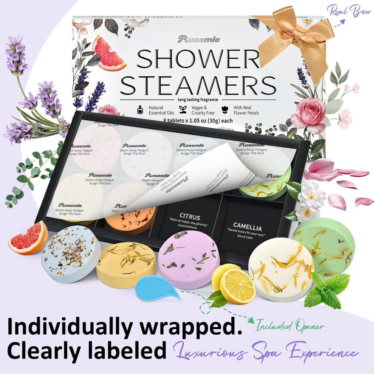 RUSEMLE home spa gift box showcasing the clean vegan and cruelty free product certifications clearly.