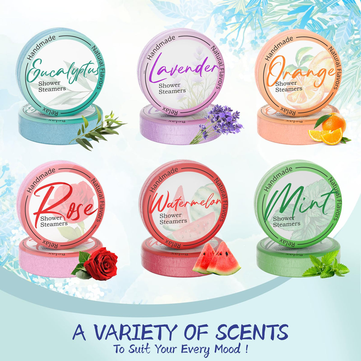 Eight colorful handmade shower bomb tablets displayed with essential oil ingredients