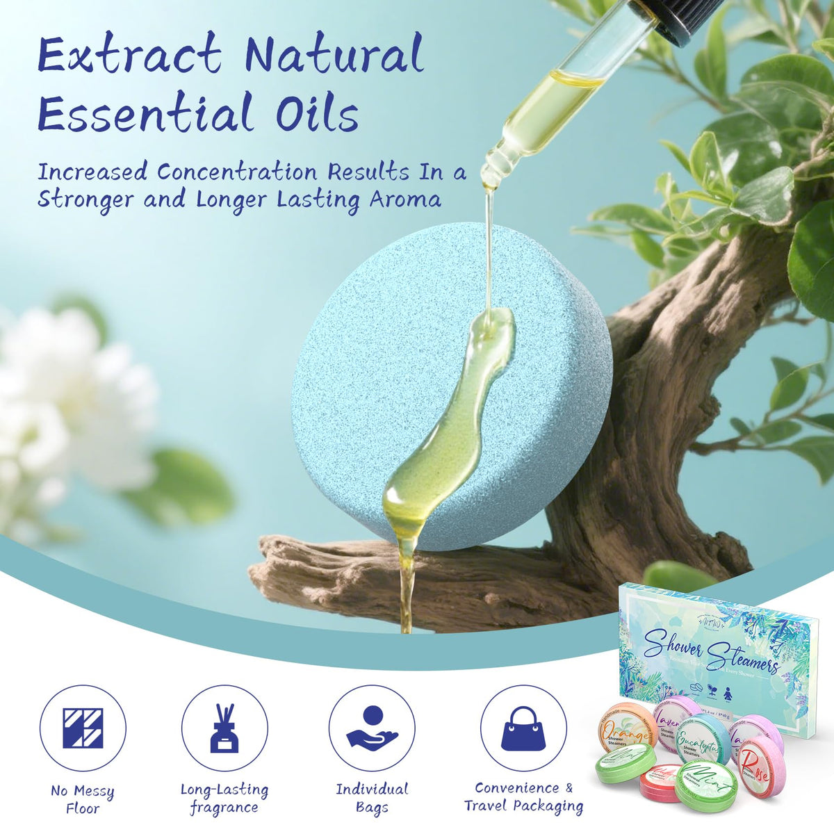 Lavender and eucalyptus shower steamers placed on a luxury bathroom shelf