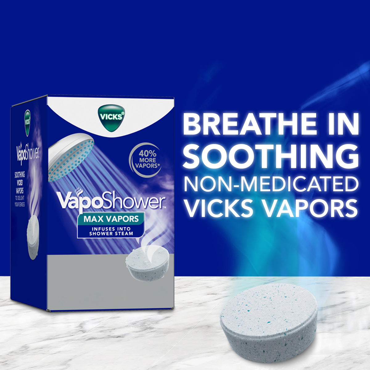 Back packaging details of Vicks VapoShower Max showing essential oil ingredients and usage steps