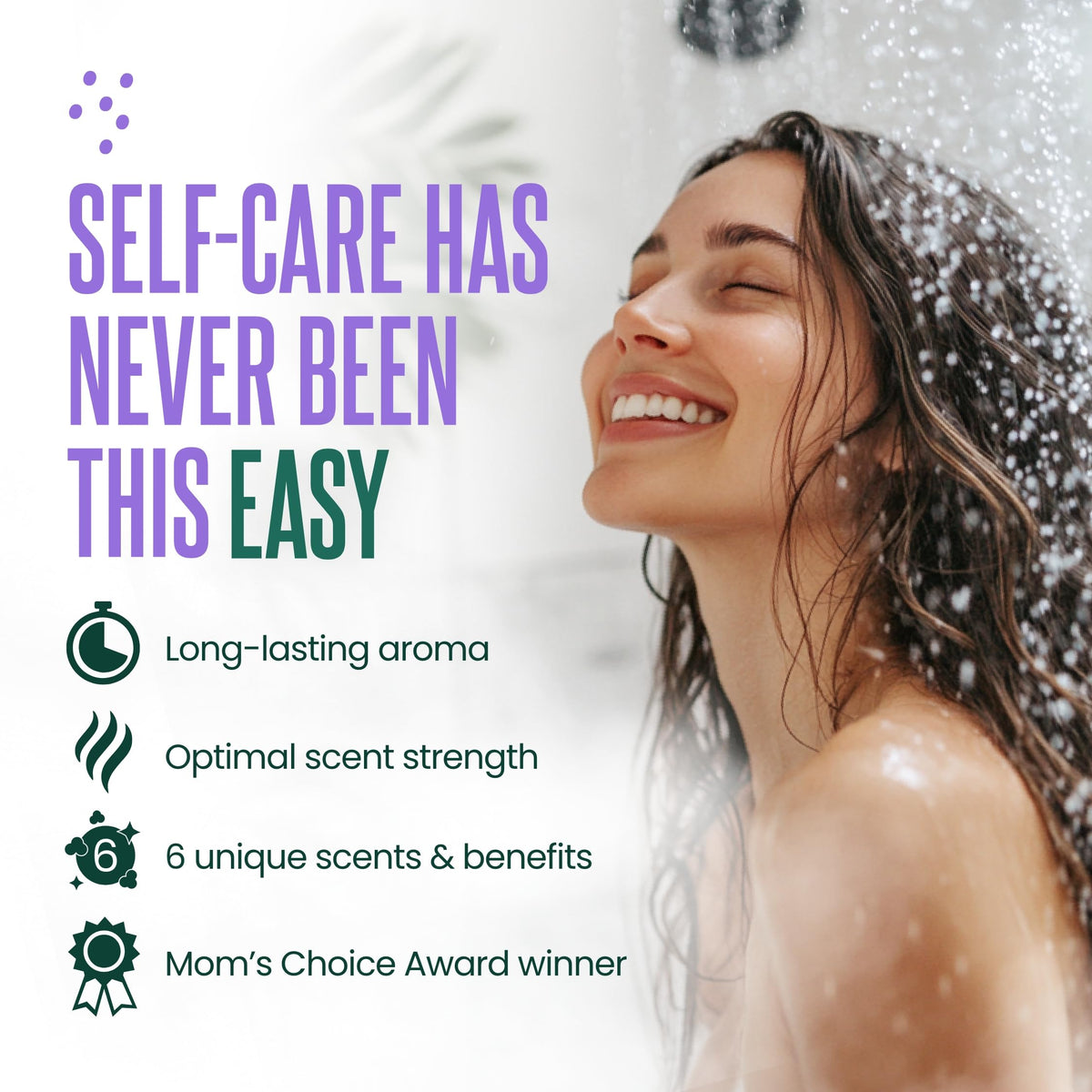 Cleverfy self-care shower steamers being placed on a bathroom floor corner away from water stream