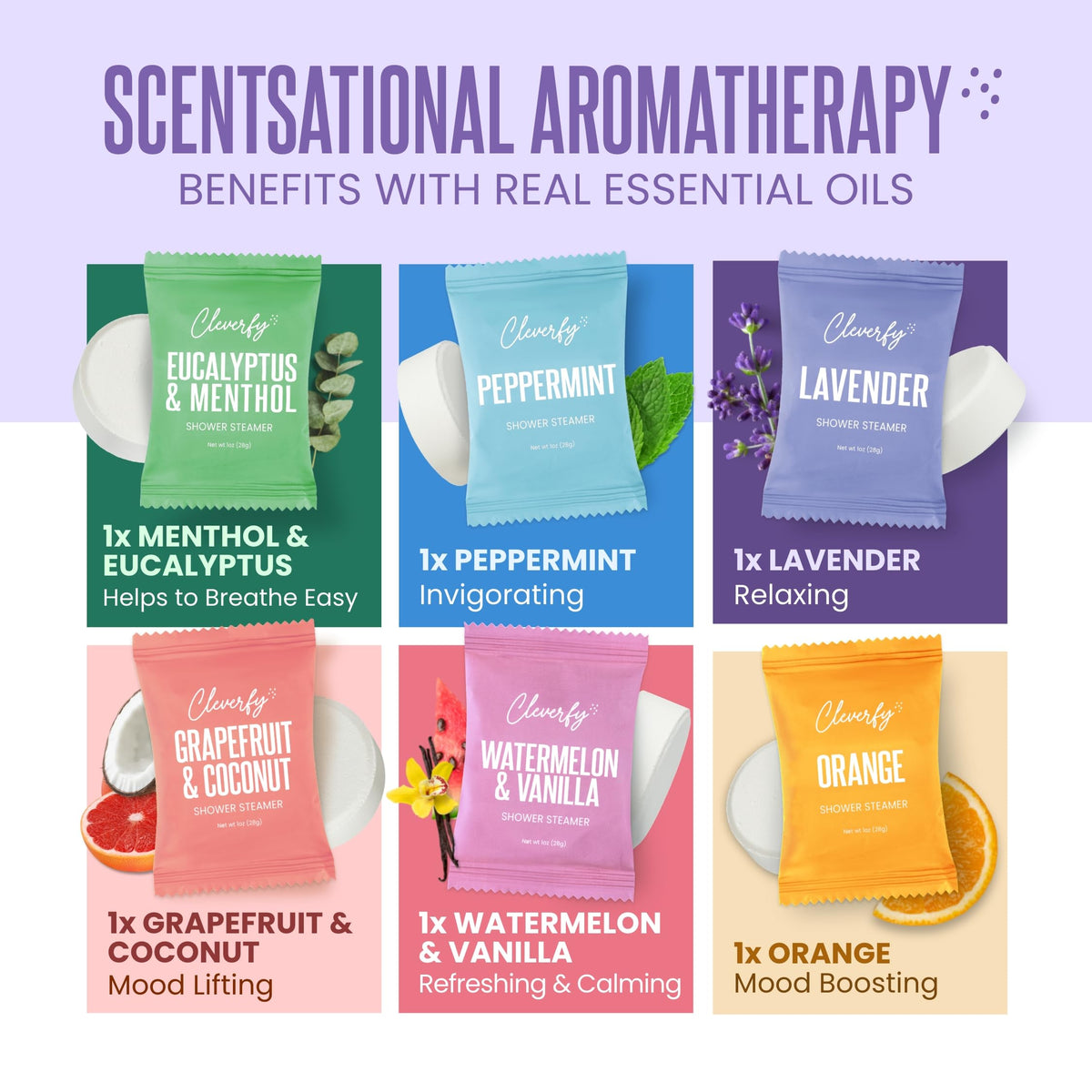 Close up view of the natural aromatherapy ingredients listed on the back of Cleverfy box