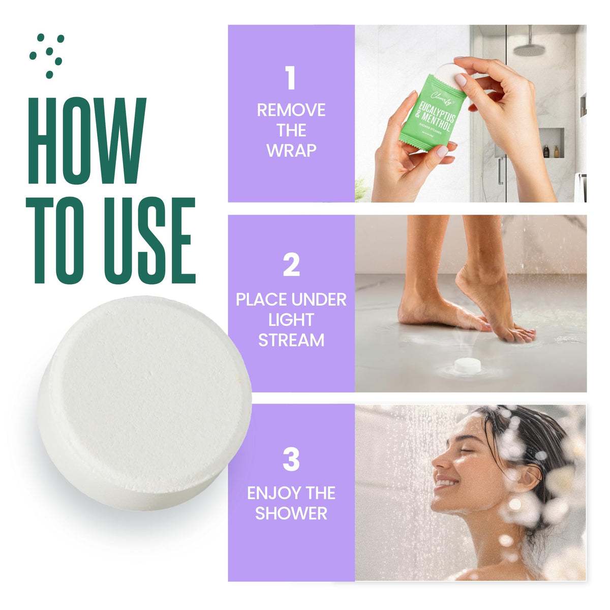 Cleverfy essential oil tablets dissolving gently under warm bathroom vapor to create home spa