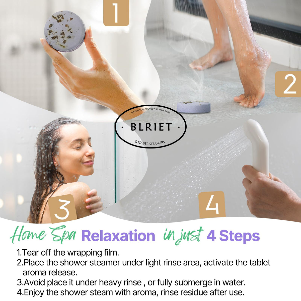 Lavender love shower bomb dissolving under warm bathroom steam.