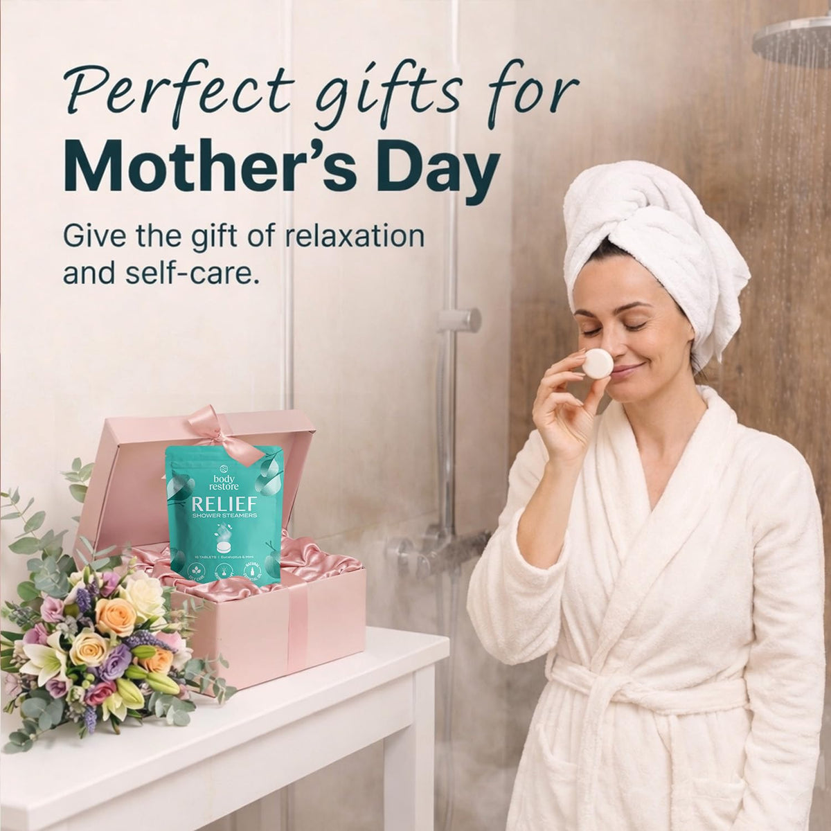 Individually wrapped Body Restore Relief eucalyptus and mint shower bomb tablets for daily self care.