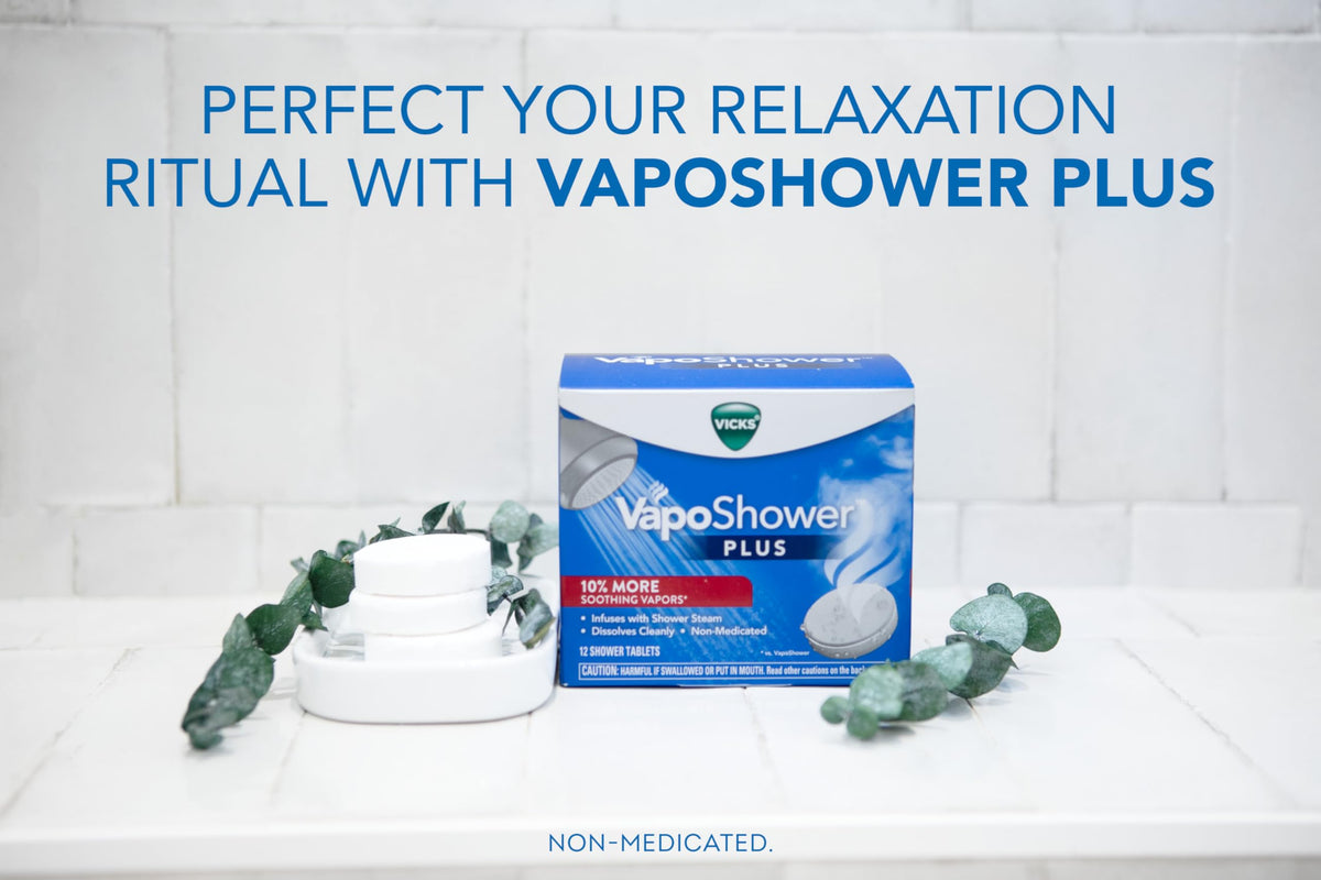 Vicks non medicated vapor shower tablets with eucalyptus and menthol ingredients on display