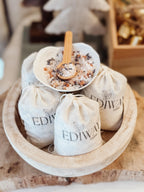 Detailed view of burlap sack packaging for bath tea.