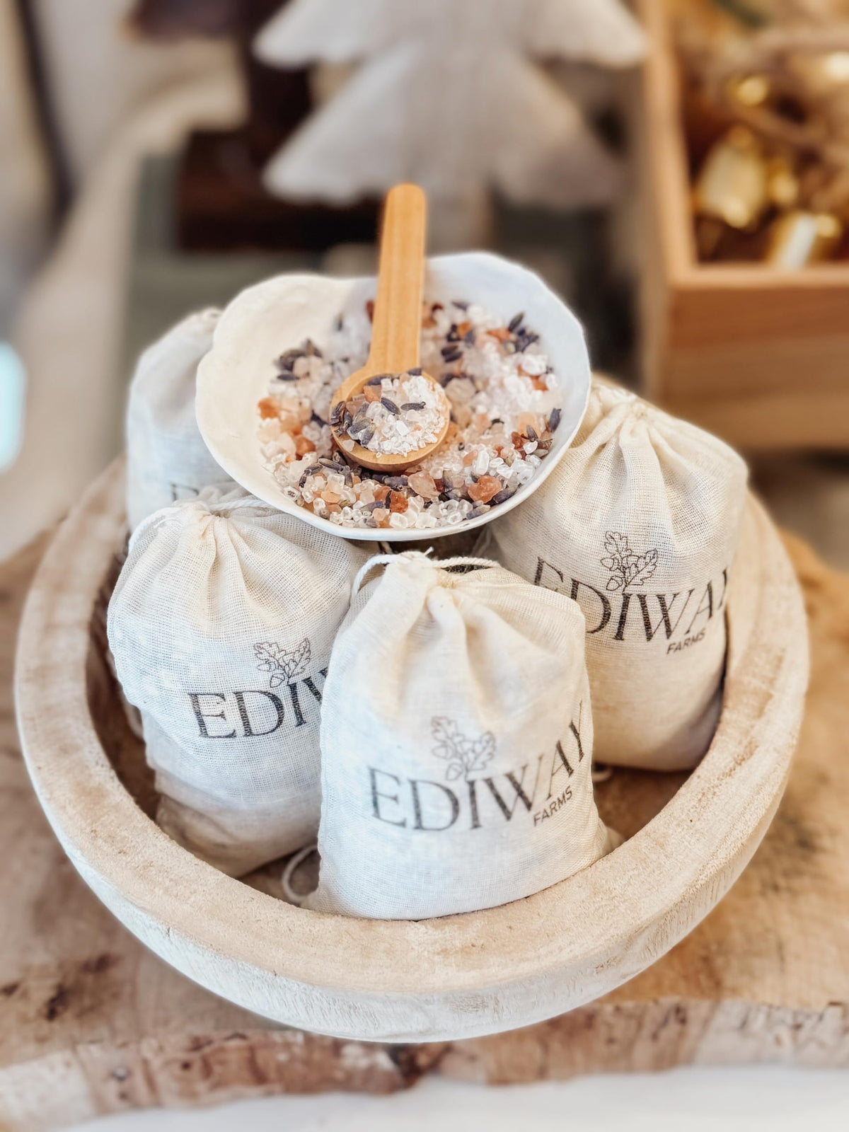 Detailed view of burlap sack packaging for bath tea.