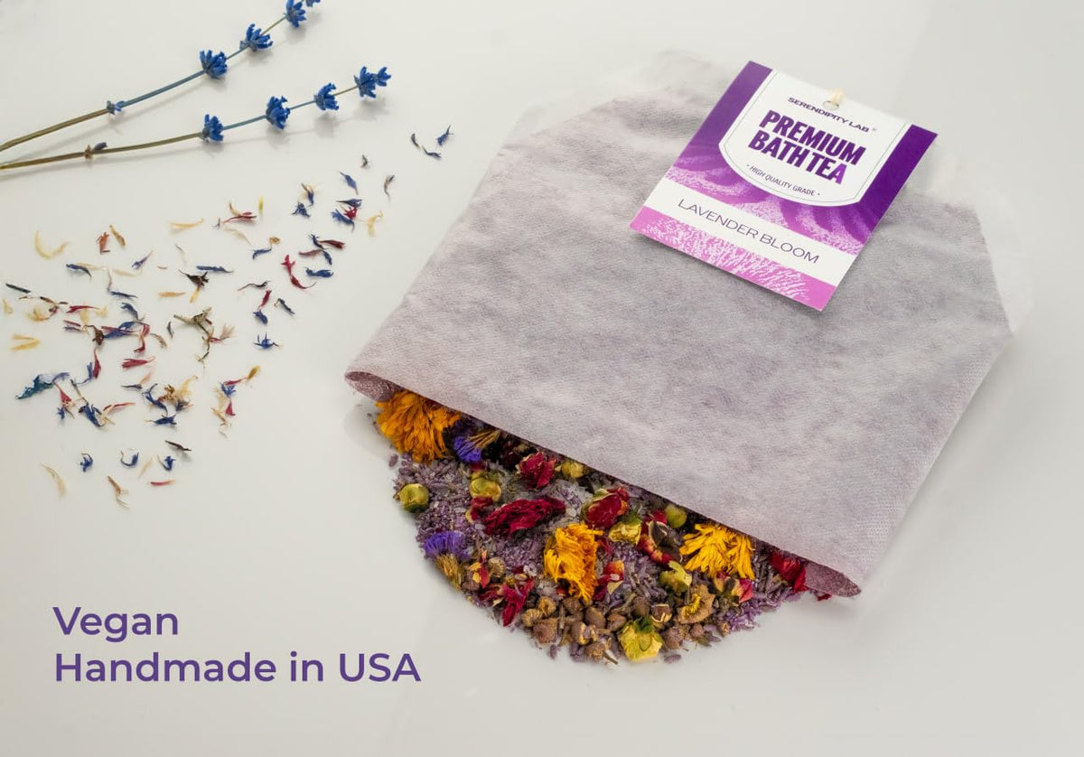 Serendipity Lab herbal bath tea sachet packaging details