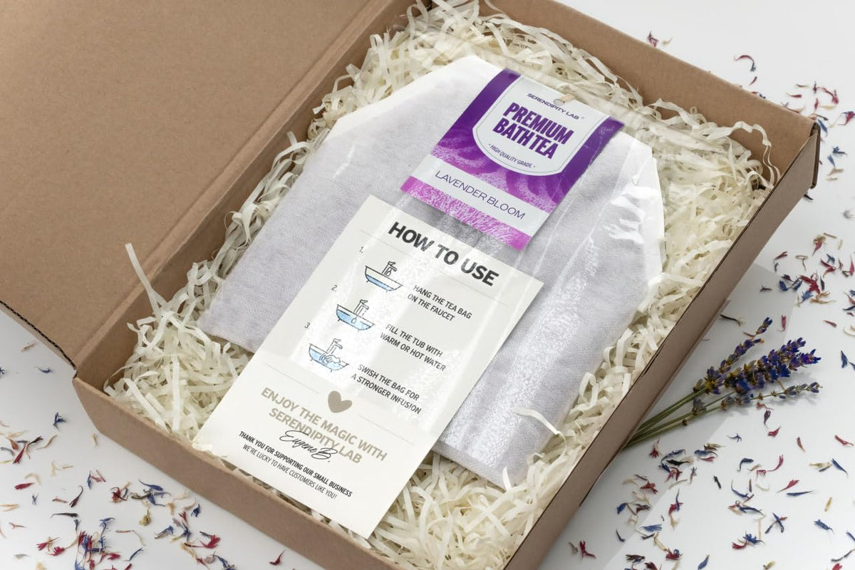 Close up of lavender and chamomile bath sachet ingredients