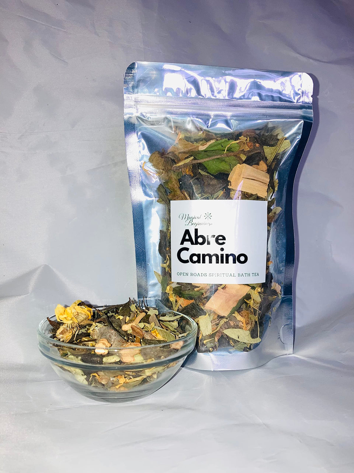 Close up of Magical Beginnings spiritual bath herbs in resealable bag