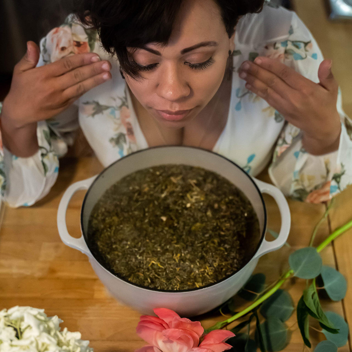 Handcrafted herbal bath tea bag in a relaxing home spa setting