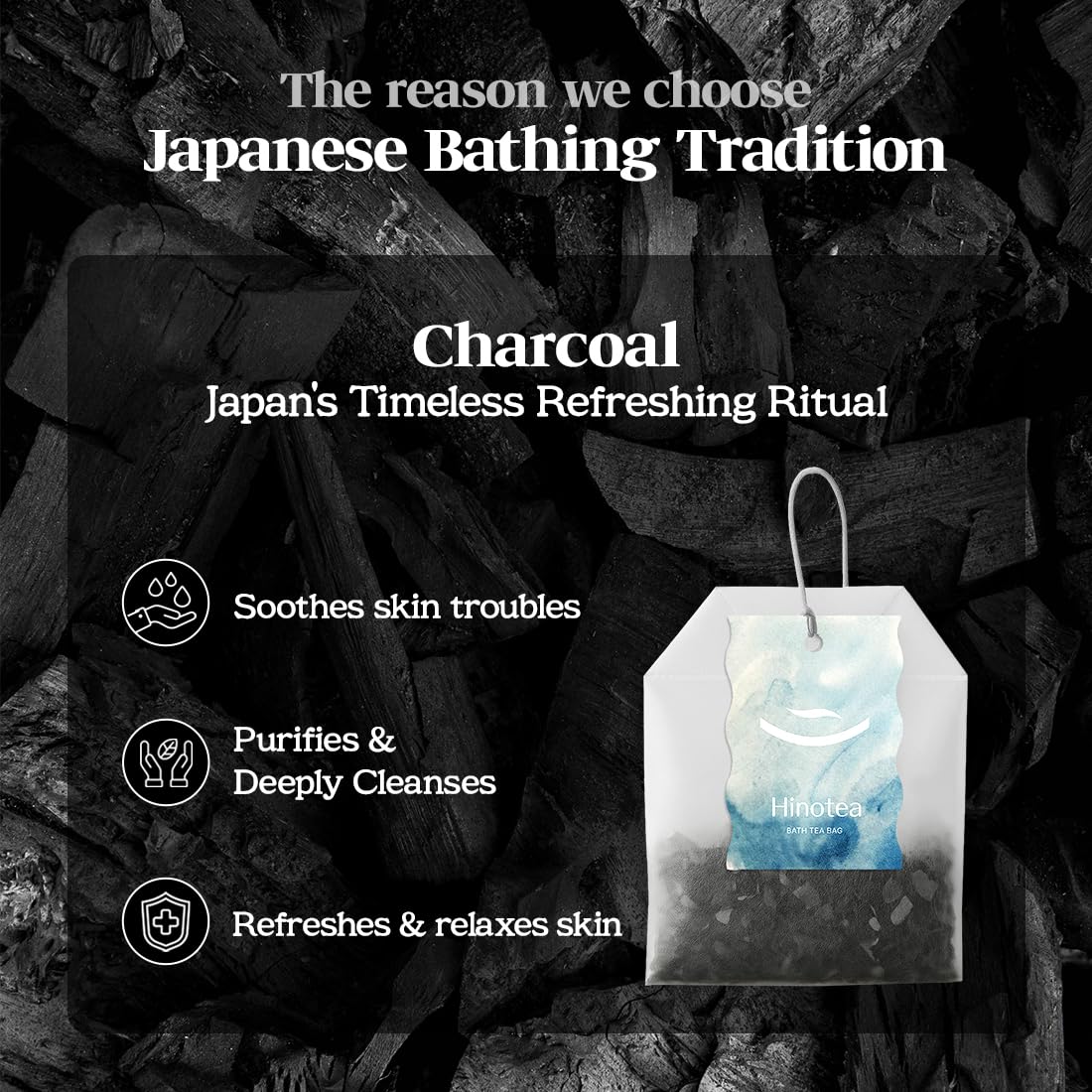 Close up of Hinotea charcoal bath tea bag texture