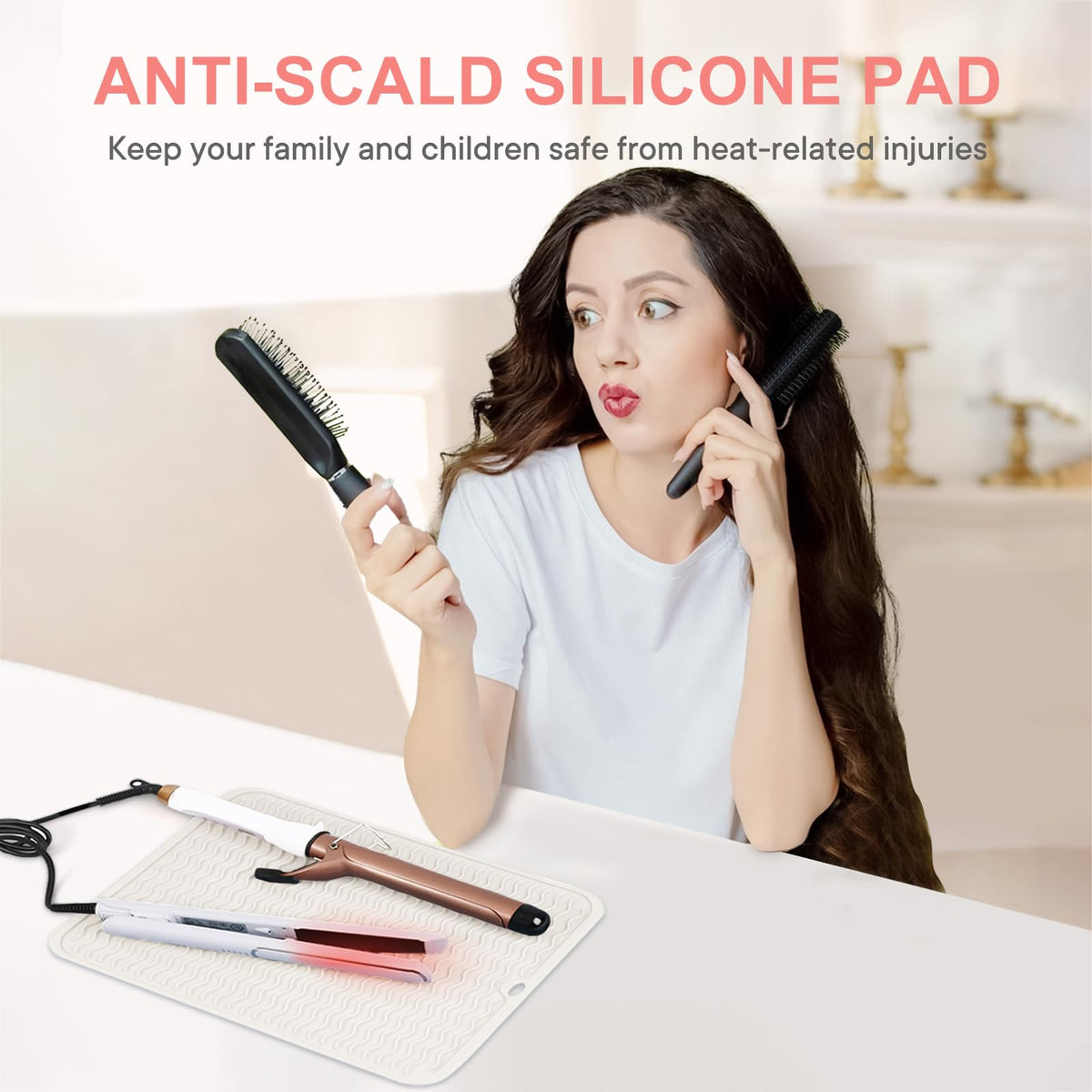 Suafrnut extra large silicone counter mat protecting bathroom vanity from a hot flat iron and curling wand side view
