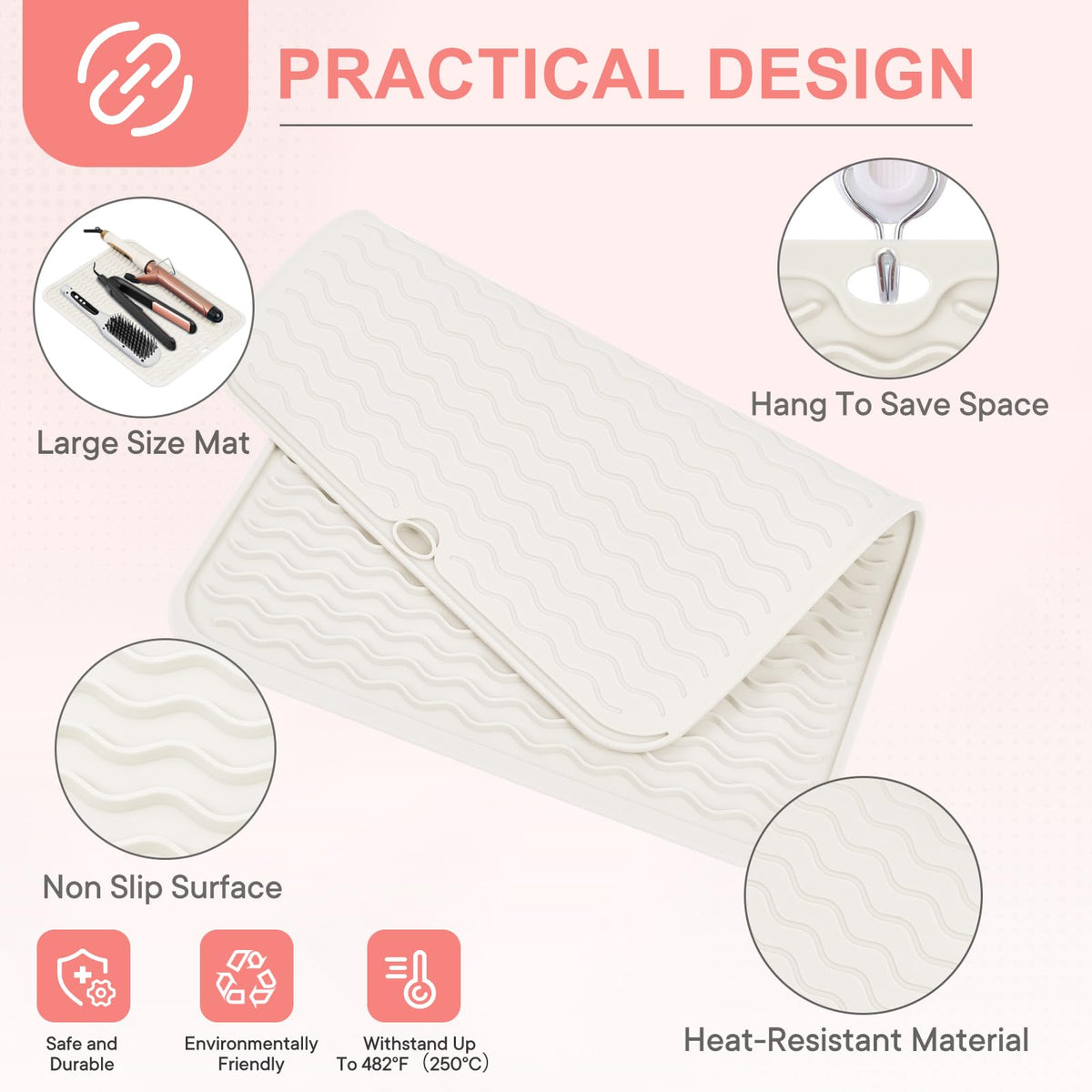 Close up view of the unique anti slip wavy texture on the Suafrnut heat resistant silicone styling pad