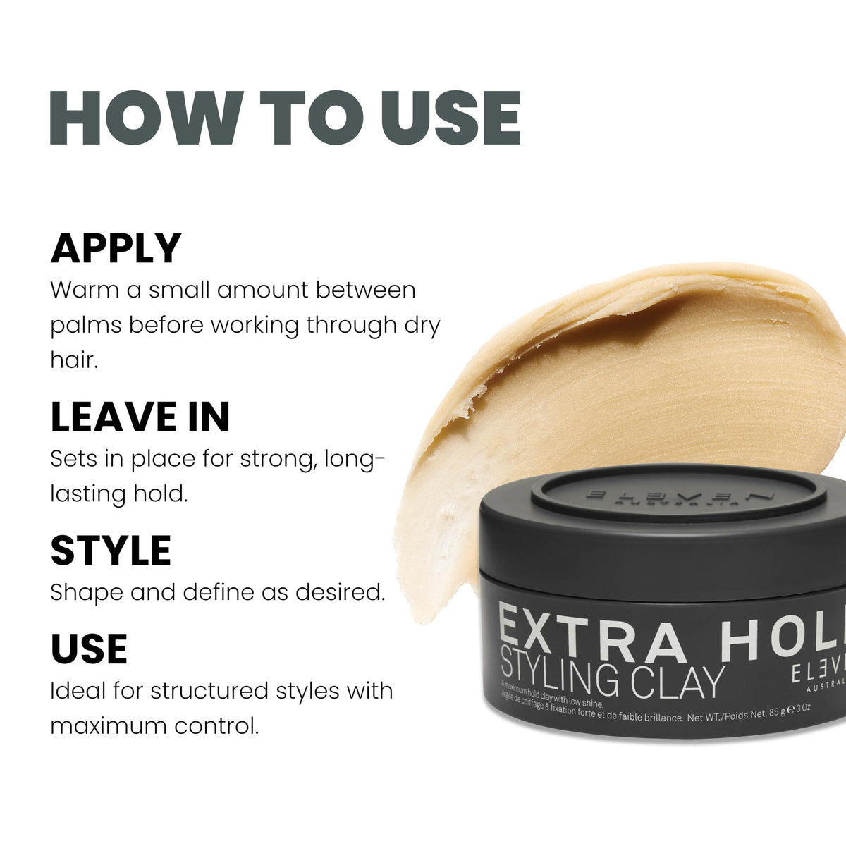 Eleven Australia extra hold grooming clay container angled presentation showing official brand packaging