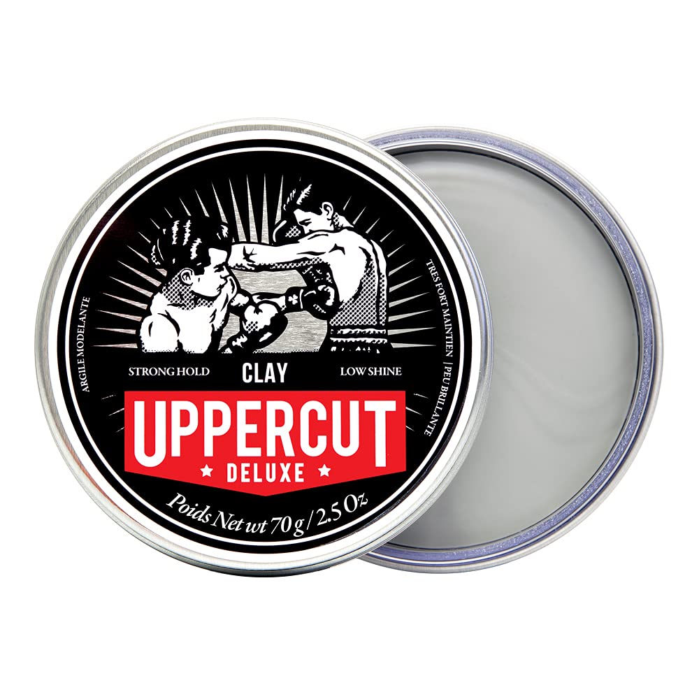 Uppercut Deluxe Clay texturizing hair wax for men showing product texture inside the tin.