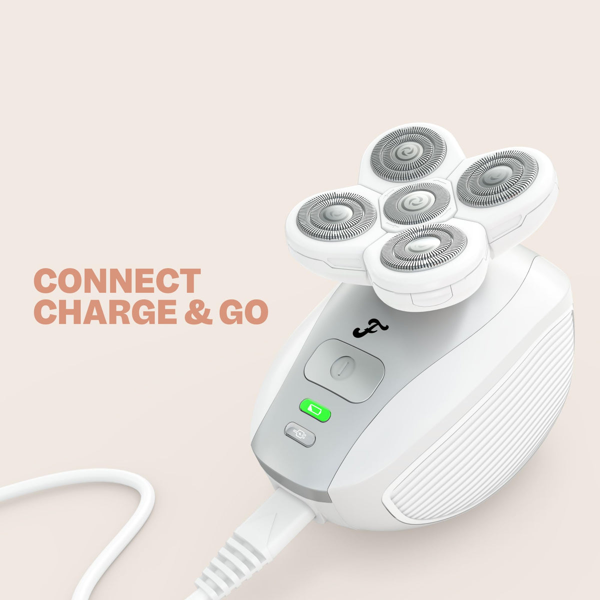Close-up view of the durable imported Freebird electric razor power cord connectors.