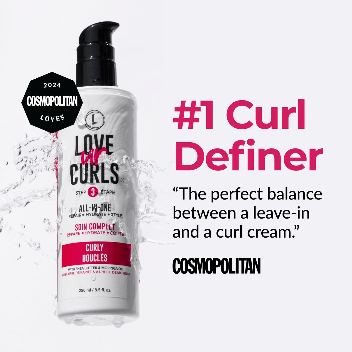 Love Ur Curls 250 Milliliters bottle held in hand highlighting the clean packaging details.