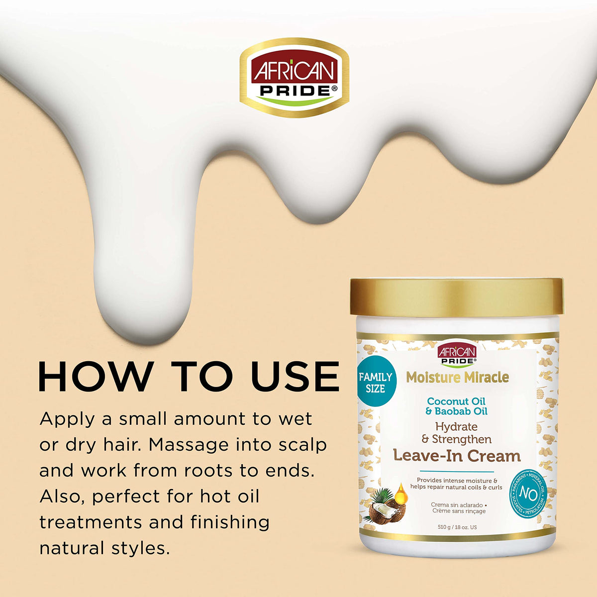 African Pride Coconut Oil and Baobab Oil Leave In Cream for curly hair packaging